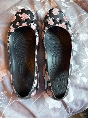 CROCS Black Kadee Flats with Pink Floral Print